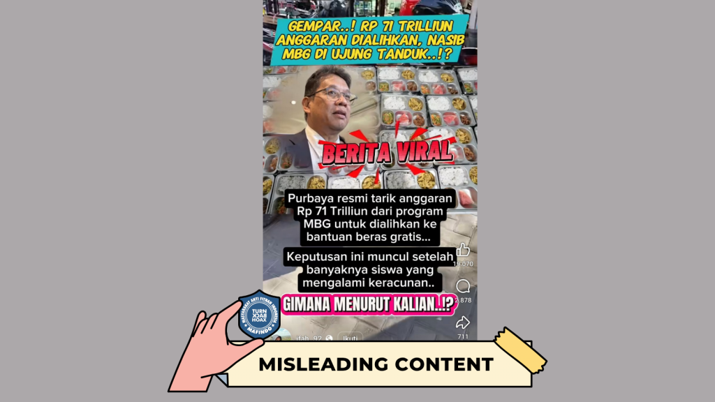 [HOAKS atau FAKTA]: Menkeu Purbaya Tarik Rp 71 Triliun dari Program MBG, Mau Dialihkan ke Beras Gratis