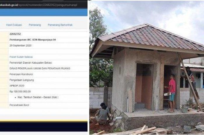 Viral di media sosial yang menunjukkan foto pembangunan toilet satu di antara SDN di Kabupaten Bekasi yang disebutkan menghabiskan dana ratusan juta.