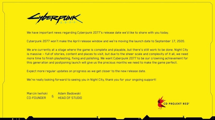 Pengumuman CD Projekt Red perihal penundaan Cyberpunk 2077 (Foto: CD Projekt Red)