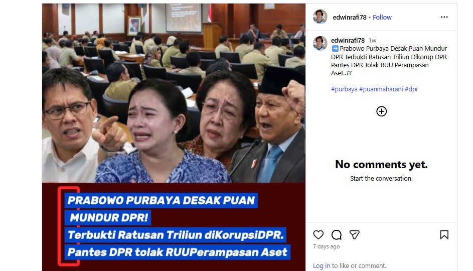 [HOAKS atau FAKTA]: DPR Tolak RUU Perampasan Aset, Prabowo Desak Puan Mundur