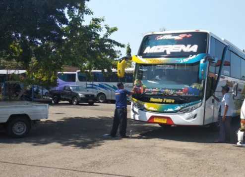 Bus pengangkut pemudik dari Jabodetabek tiba di Terminal Induk Giri Adipura Krisak Selogiri, Kabupaten Wonogiri, Jawa Tengah, Sabtu (28/3). (MP/Ismail)