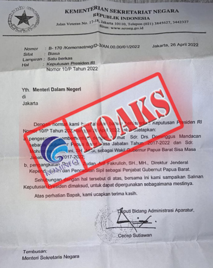 [HOAKS atau FAKTA]: Kemensetneg Tetapkan Pejabat Gubernur Papua Barat