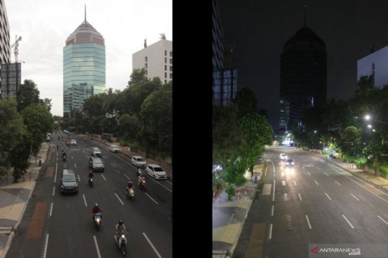 Foto kolase suasana Jalan Basuki Rahmat, Surabaya waktu siang hari (kiri) dan malam hari (kanan) saat hari ketujuh pelaksanaan Pembatasan Sosial Berskala Besar (PSBB) di Surabaya, Jawa Timur, Senin (4/5/2020). (ANTARA/Didik Suhartono)