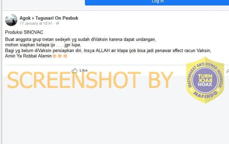Tangkapan layar soal hoaks penting minum air kelapa setelah divaksin untuk bersihkan racun. (Foto: MP/Turnbackhoax.id)