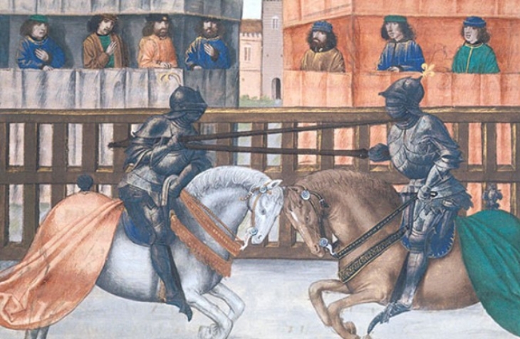 Tujuan Jousting awalnya adalah menjatuhkan lawan dengan tombak panjang. (Foto: Britannica Kids)