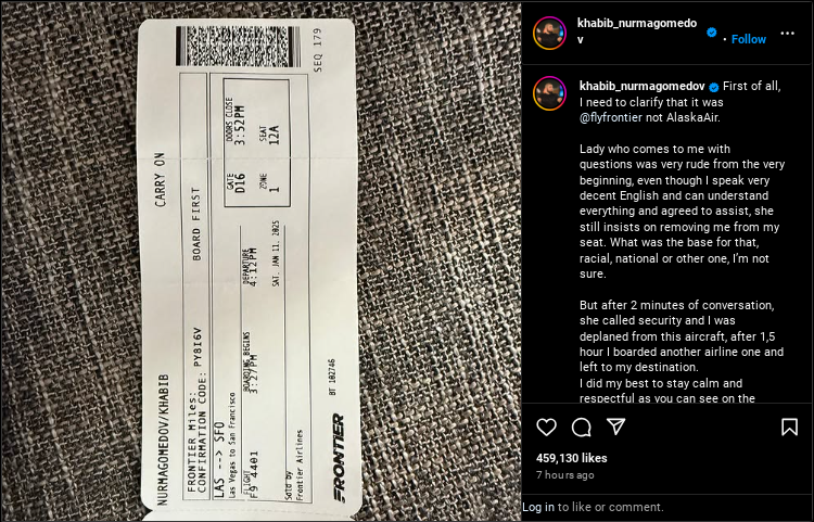 Khabib Nurmagomedov Diusir dari Pesawat Frontier Airlines