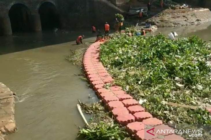 Petugas UPK Badan Air Jakarta Timur mengevakasi sampah eceng gondok yang hanyut di Kali Sunter, Cipinang Melayu, Kecamatan Makasar, Rabu (18/12/2019). (ANTARA/Andi Firdaus)