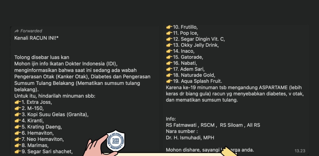 [HOAKS atau FAKTA]: IDI Publikasikan 19 Minuman yang Sebabkan Diabetes dan Pengerasan Otak