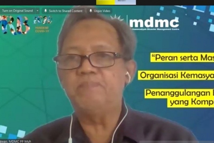 Ketua MDMC PP Muhammadiyah Budi Setiawan berbicara dalam diskusi webinar dalam Peringatan Bulan Pengurangan Risiko Bencana, Jakarta, Senin (12/10/2020). (ANTARA/Katriana)