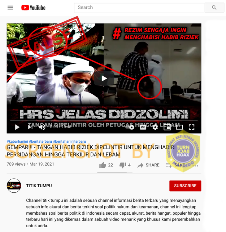 Tangkapan layar Youtube soal hoaks tangan Rizieq Shihab dipelintir petugas polisi. (Foto: MP/Turnbackhoax.id) 