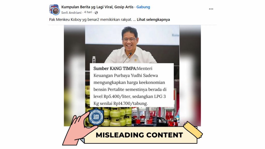 [HOAKS atau FAKTA] : Menkeu Purbaya Menyebut Harga Pertalite Harusnya di Rp5.400 per Liter dan LPG 3 Kg di Rp14.700 per Tabung