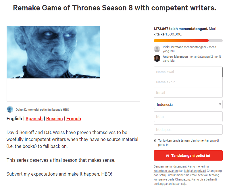 Jutaan Penggemar "Game of the Thrones" Tandatangani Petisi untuk Buat Ulang Season 8