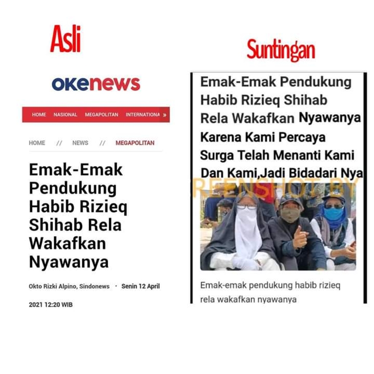 Tangkapan layar hoaks soal emak-emak pendukung Rizieq Shihab wakafkan nyawa. (Foto: MP/Turnbackhoax.id)