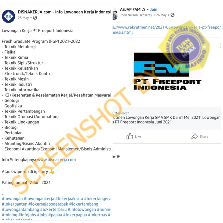 Tangkapan layar haosk soal lowongan kerja di Freeport. (Foto: MP/Turnbackhoax.id)