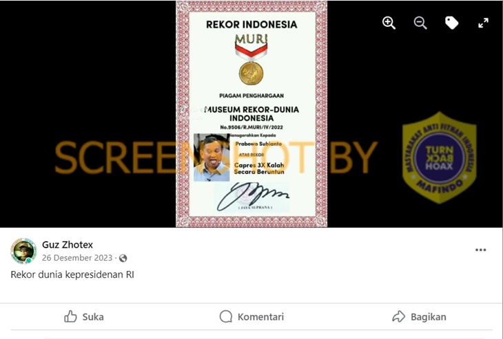 [HOAKS atau FAKTA] : Kalah Tiga Kali Capres, Prabowo Dapat Rekor MURI