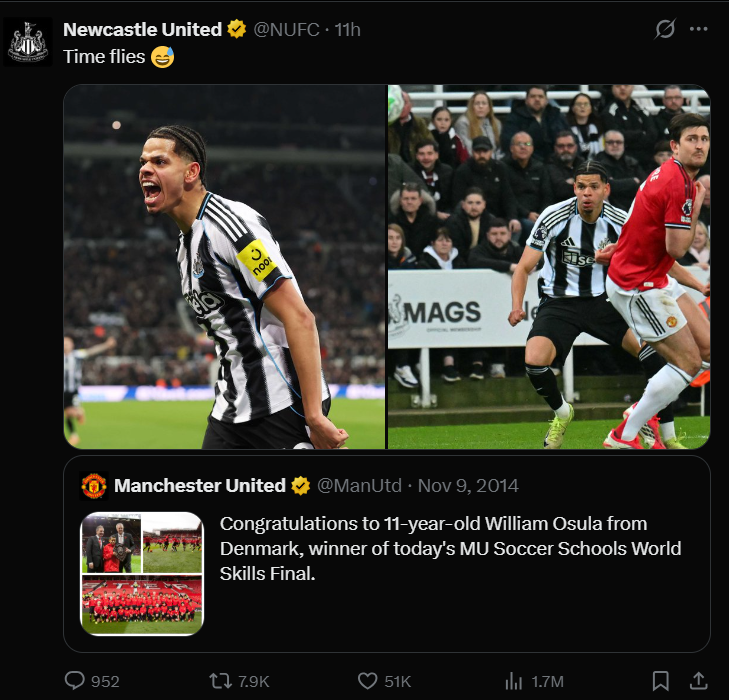 Newcastle balas unggahan lama Manchester United di X