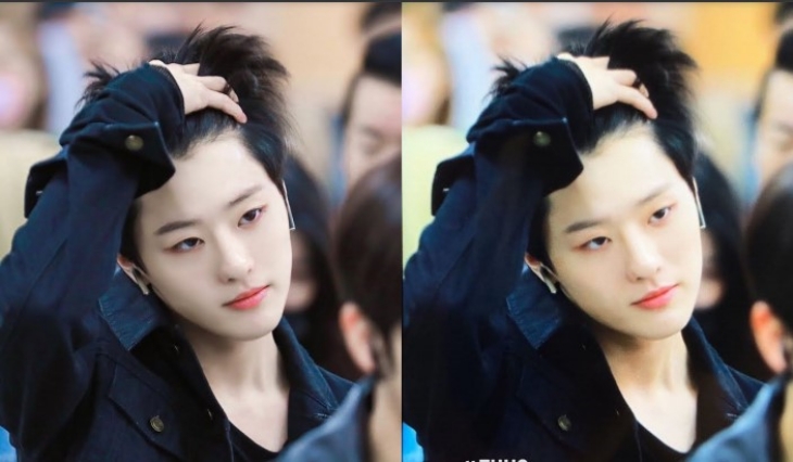 Fansite WOODZ mengubah wajah, memperbesar mata, dan menambah riasan untuk fotonya. (Foto: Twitter/@so0805)