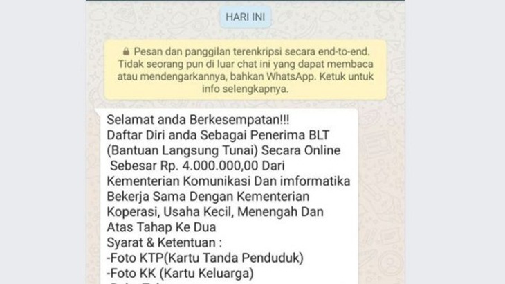[HOAKS atau FAKTA]: Kementerian Kominfo Buka Pendaftaran BLT Sebesar Rp4 Juta