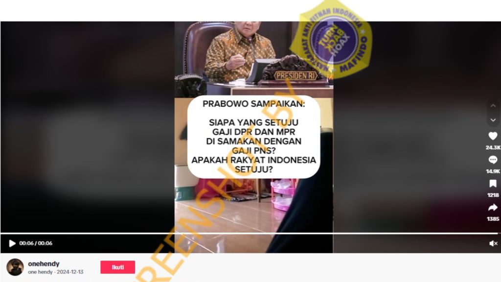 [HOAKS atau FAKTA] : Prabowo Akan Samakan Jumlah Gaji Anggota DPR / MPR dengan PNS