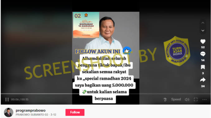[HOAKS atau FAKTA]: Prabowo Bagi-Bagi Uang Rp 5 Juta ke Orang yang Puasa 