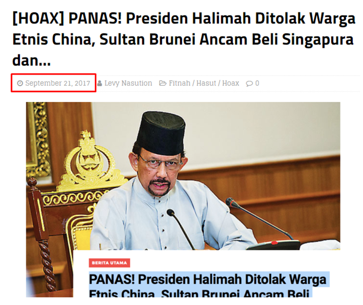 Tangkapan layar Facebook yang menyebut Sulta Brunei bakal membeli Singapura. (Foto: MP/Turnbackhoax.id)