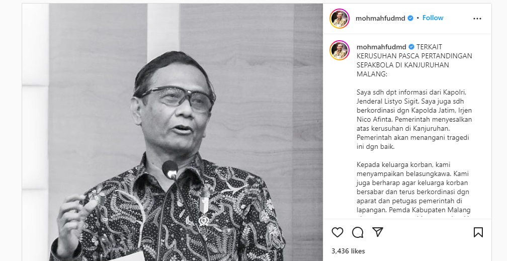 Tragedi Kanjuruhan, Mahfud MD Sesalkan Usul Teknis Pertandingan Tidak Digubris Panpel