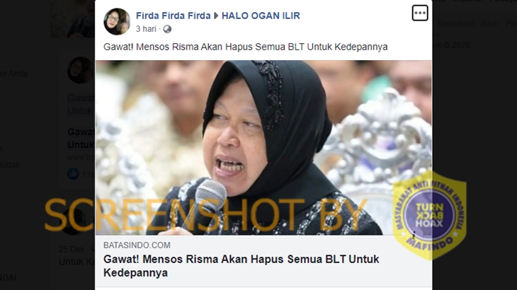[HOAKS atau FAKTA]: Mensos Risma Akan Hapus Semua BLT