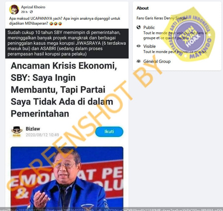 Tangkapan layar media sosial soal hoaks SBY ingin membantu Jokowi tapi partainya ada di luar pemerintahan. (Foto: MP/Turnbachkoax.id)