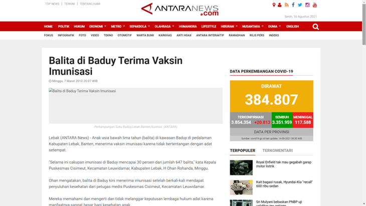 Tangkapan layar soal pemberitaan suku Baduy menerima vaksinasi. (Foto: MP/Turnbackhoax.id)