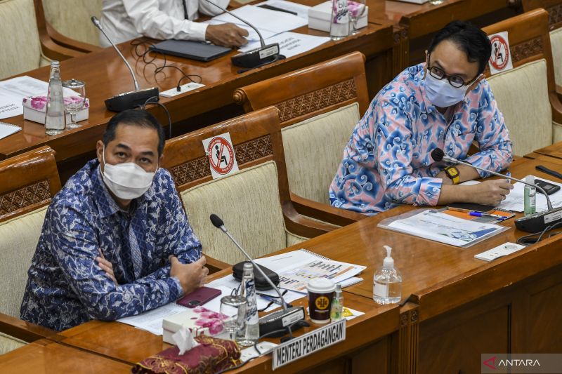 Menteri Perdagangan Muhammad Lutfi (kiri) dan Wakil Menteri Perdagangan Jerry Sambuaga (kanan) mengikuti rapat kerja dengan Komisi VI DPR di Kompleks Parlemen, Senayan, Jakarta, Senin (31/1/2022). . ANTARA FOTO/Galih Pradipta/