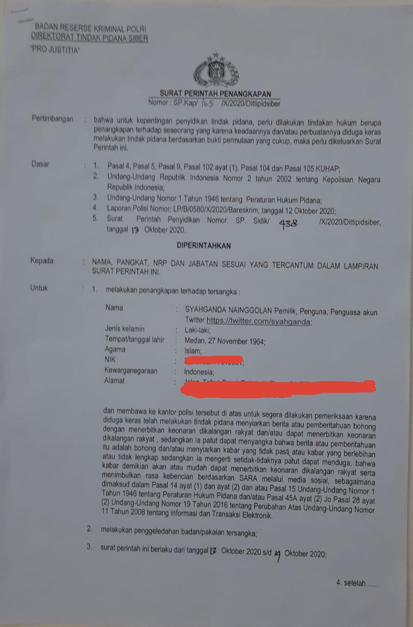 Surat penangkapan anggota Komite Eksekutif KAMI Syahganda Nainggolan bernomor SP/Kap/165/X/2020/ Direktorat Tindak Pidana Siber tertanggal 13 Oktober 2020.