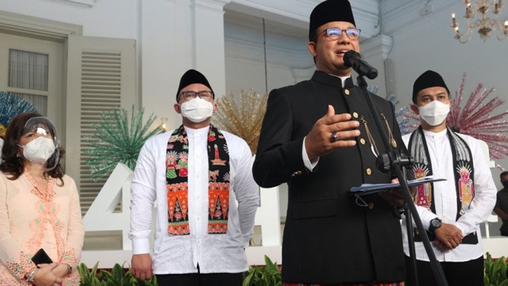 Gubernur DKI Jakarta Anies Baswedan saat memberikan pemaparan mengenai "Pencanangan Hari Ulang Tahun Ke-494 Kota Jakarta". (ANTARA/Ricky Prayoga)