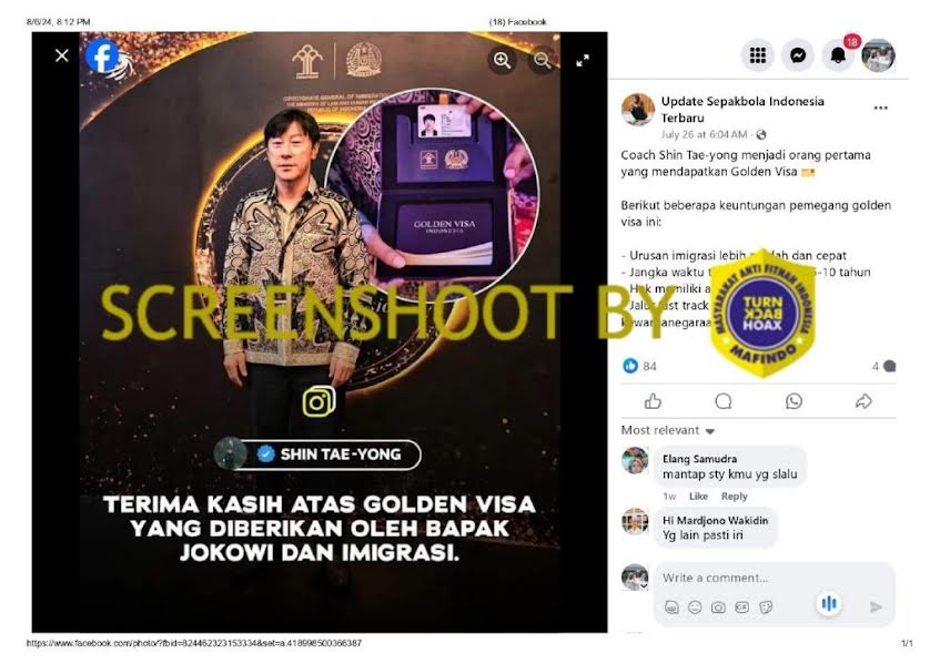 [HOAKS atau FAKTA]: Shin Tae-yong WNA Pertama yang Mendapatkan Golden Visa Indonesia