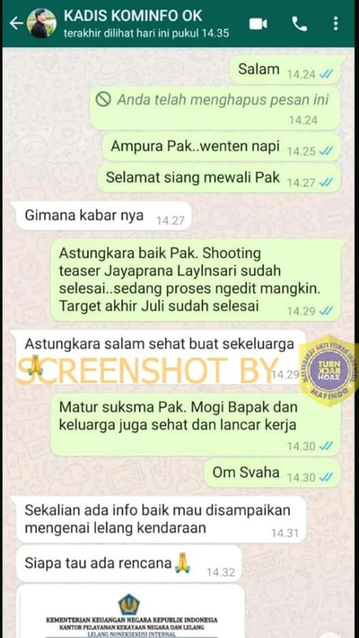 Tangkapan layar WhatsApp soal hoaks lelang Kadis Kominfosanti Buleleng. (Foto: MP/Turnbackhoax.id)