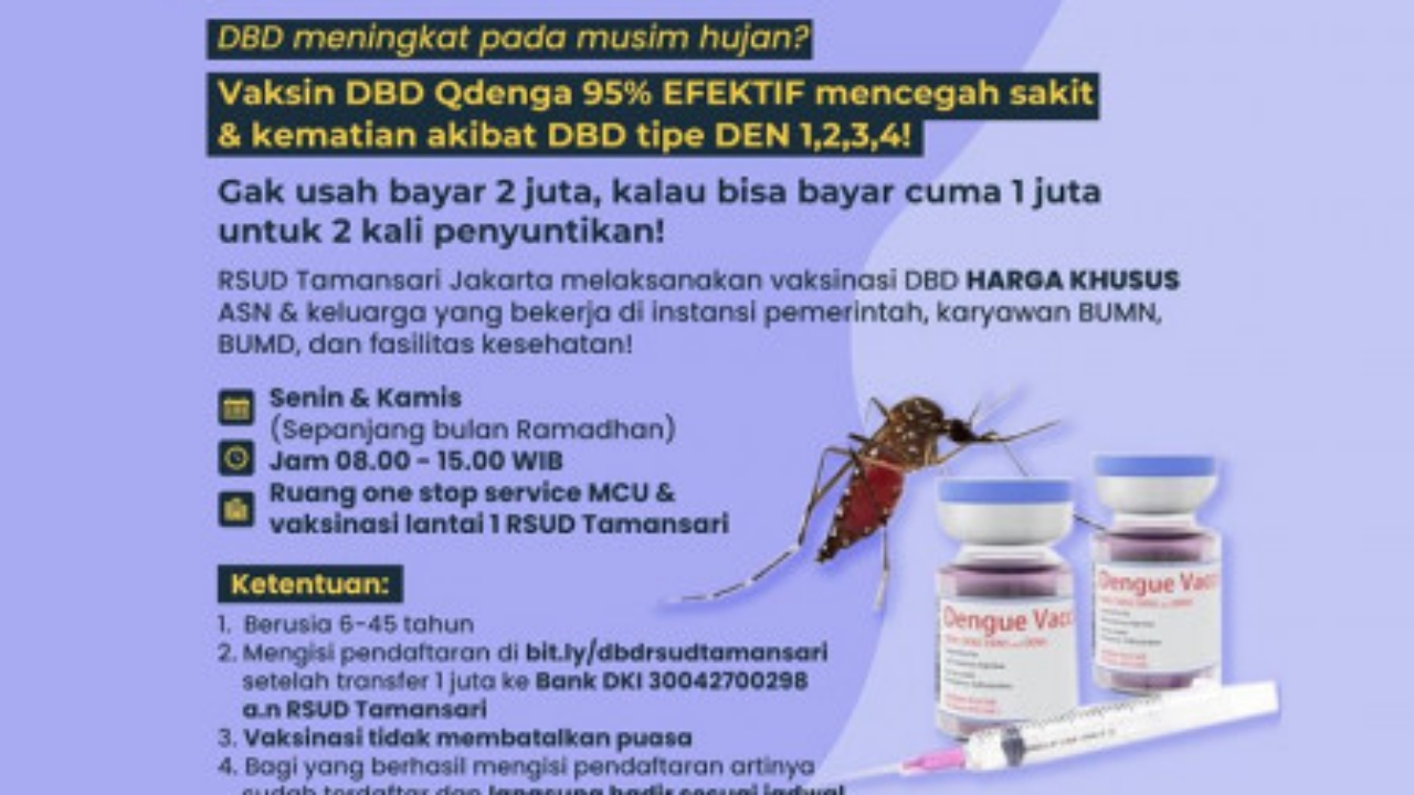 RSUD Taman Sari Buka Layanan Vaksin DBD, Rp1 Juta Dua Kali Suntik