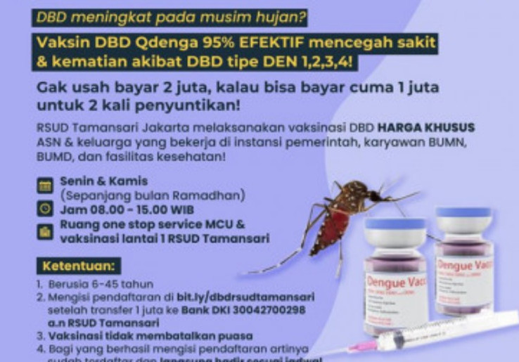 RSUD Taman Sari Buka Layanan Vaksin DBD, Rp1 Juta Dua Kali Suntik