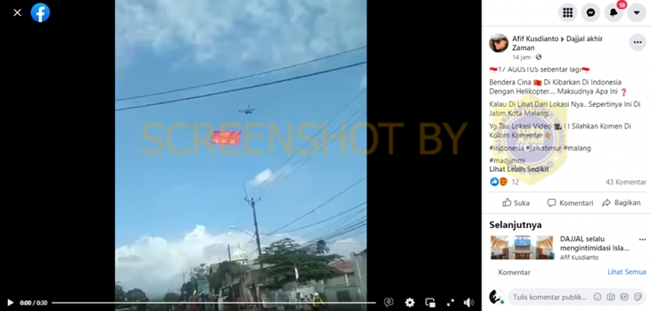 Tangkapan layar media sosial soal hoaks bendera Tiongkok dikibarkan di langit Malang. (Foto: MP/Turnbackhoax.id)