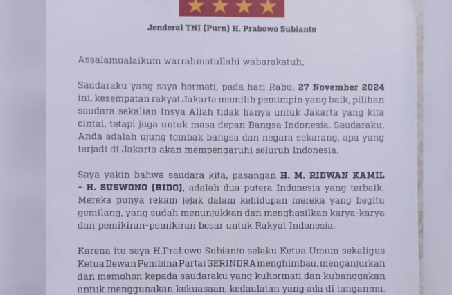 Surat Prabowo Ajak Pilih RIDO di Masa Tenang Beredar, Bawaslu Jakarta Turun Tangan
