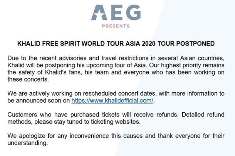 Khalid Free Spirit World Tour Asia 2020 harus batal (Foto: Instagram/@aegpresentasia)