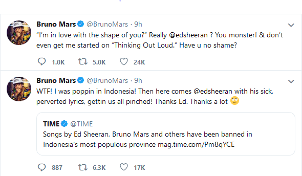 Komentar Bruno Mars (Sumber: Twitter/BrunoMars)