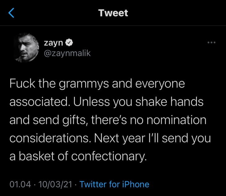 Zayn ungkapkan kekesalannya di Twitter karena tak masuk nominasi Grammy Awards 2021 (Foto: Instagram/@zayn)