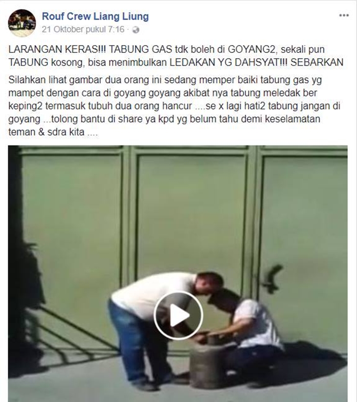 Tangkapan layar video tentang goyang-goyangkan tabung gas timbulkan ledakan. (Foto: MP/turnbackhoax.id)