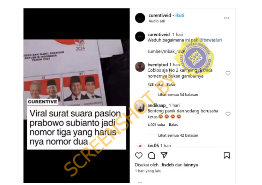 [HOAKS atau FAKTA]: Di Kolom Surat Suara, Prabowo - Gibran Nomor Tiga, Ganjar - Mahfud No Dua