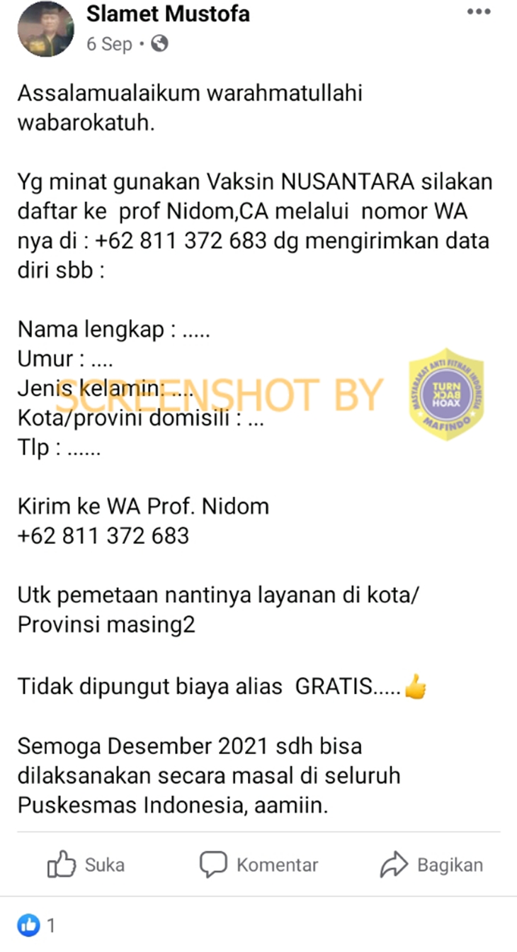 Tangkapan layar soal hoaks daftar ikut Vaksin Nusantara bisa lewat WhatsApp. (Foto: MP/Turnbachoaks.id)