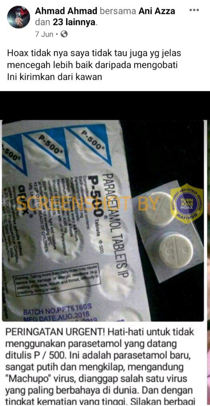Tangkapan layar soal hoaks Paracetamol mengandung virus. (Foto: MP/Turnbackhoax.id)