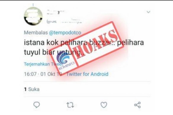 Tangkap layar Laporan Isu Hoaks Harian Direktorat Jenderal Aplikasi Informatika Kementerian Komunikasi dan Informatika tentang isu pemerintah memelihara buzzer.