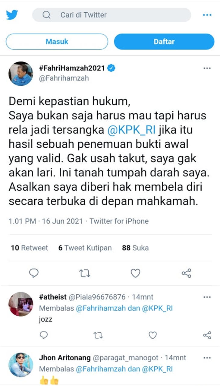 Tangkapan layar cuitan Fahri Hamzah. (Foto: MP/Twitter @Fahrihamzah)