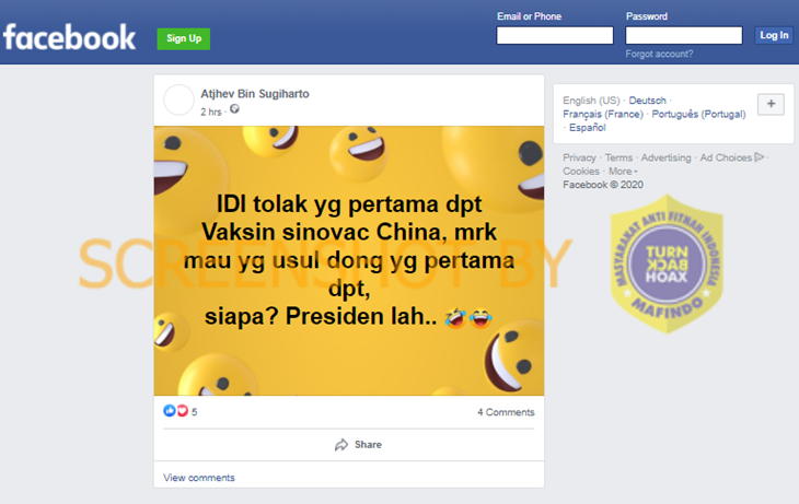 Tangkapan layar Facebook bahwa IDI tolak divaksin pertama kali. (Foto: MP/Turnbackhoax.id)