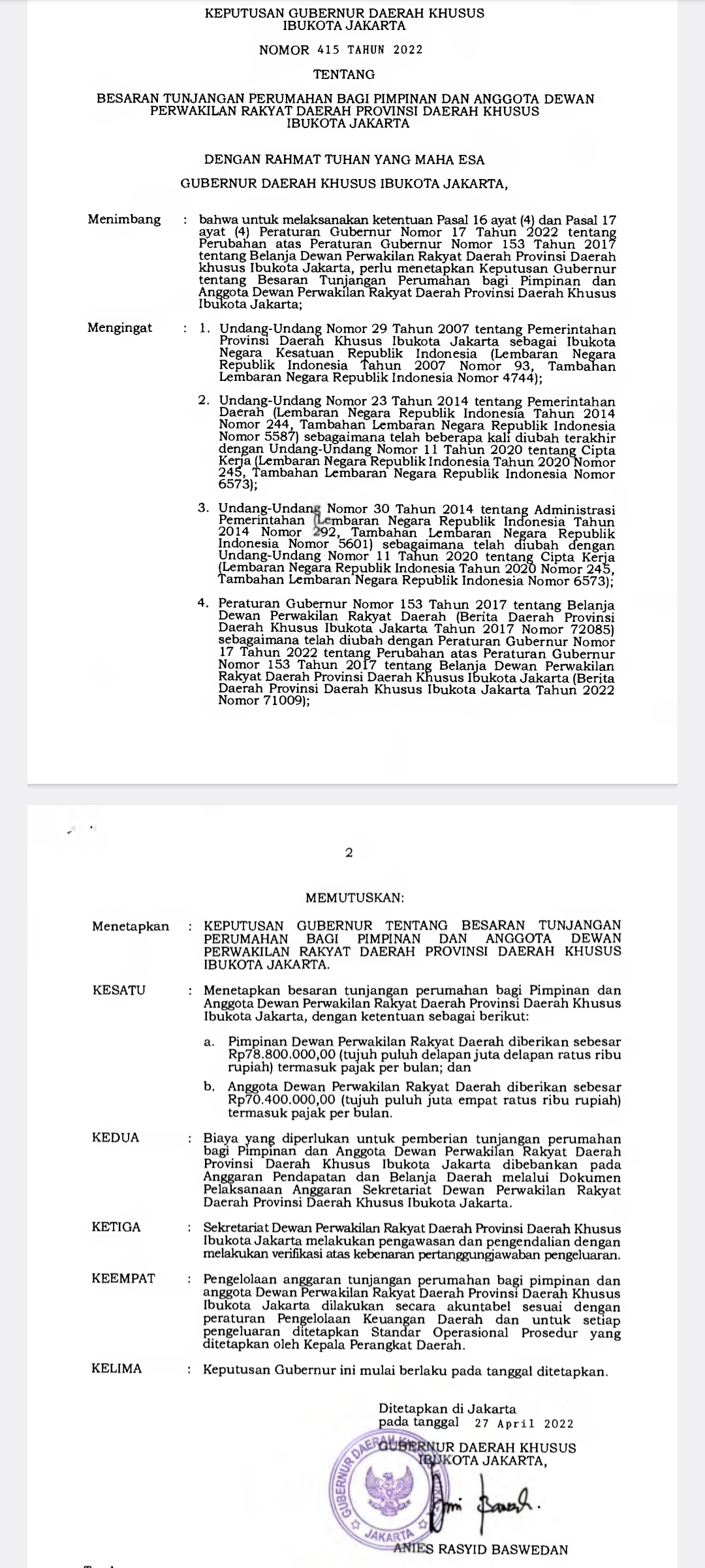 Keputusan Gubernur (Kepgub) DKI Jakarta Nomor 415 Tahun 2022.