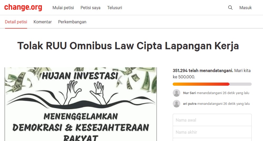 Ratusan Ribu Orang Tandatangani Petisi Tolak UU Cipta Kerja